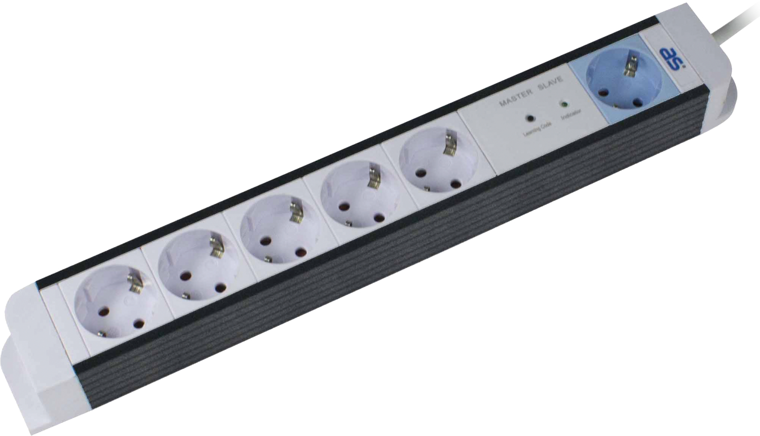 Stekkerdoos 6x randaarde, 1x master, 5x slave kabel H05VV-F 3G1,5 wit 1,5m