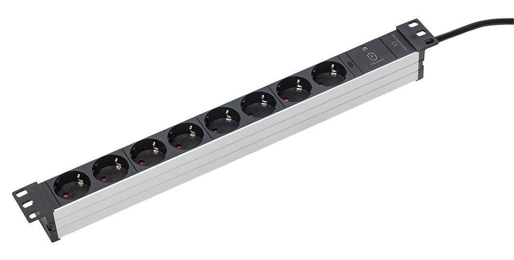 Aluminium Stekkerdoos 19" Rack 8x randaarde met beveliging kabel H05VV-F 3G1,5 zwart 2m