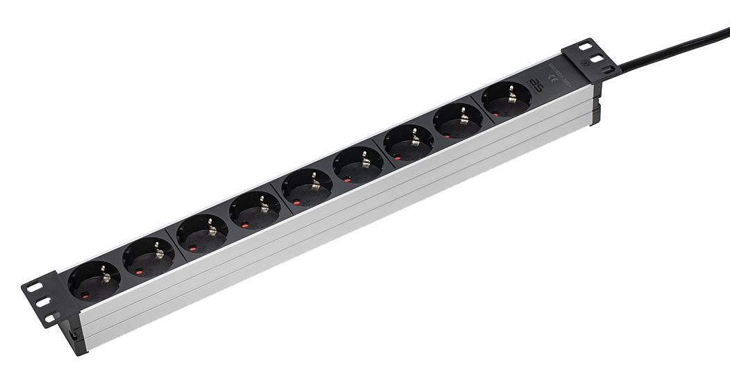 Aluminium Stekkerdoos 19" Rack 9x randaarde kabel H05VV-F 3G1,5 zwart 2m