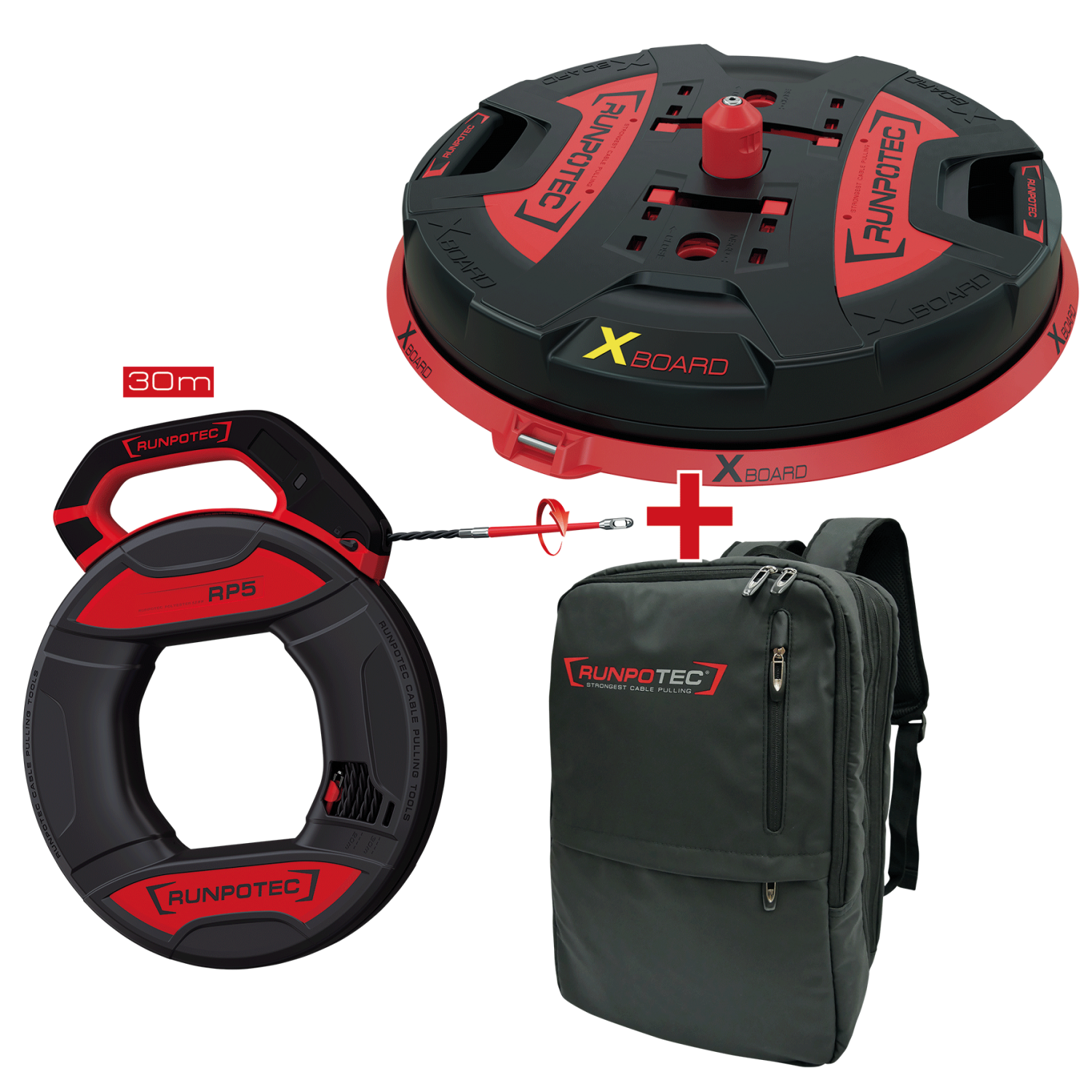 ACTIESET RUNPO 5 Trekveer 30m + Kabelafroller XBoard XB500 in Rugzak